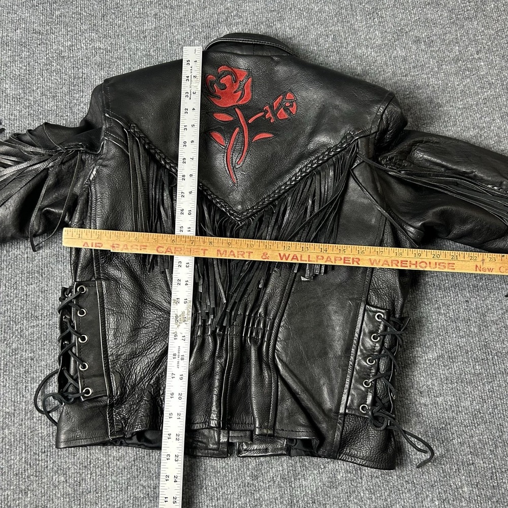 Leather Club Jacket Womens Medium Black Fringe Leather Motorcycle Rose Western - Picture 6 of 8